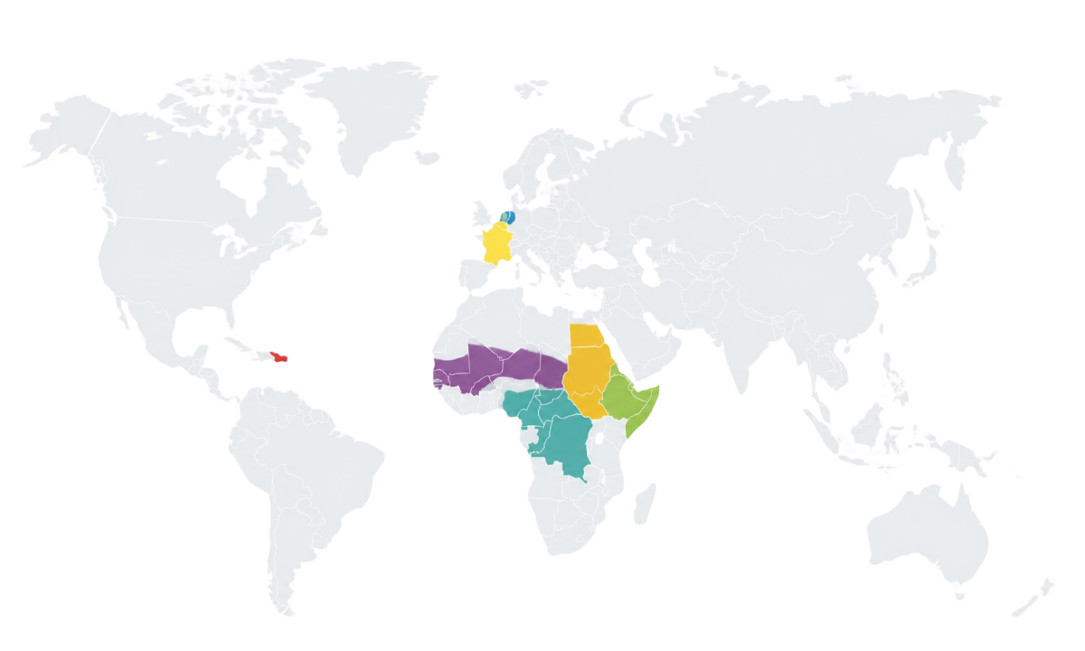 Carte des zones d'intervention de SFI : Belgique, France, Haïti, Corne de l'Afrique, Afrique centrale, Sahel central et Soudan